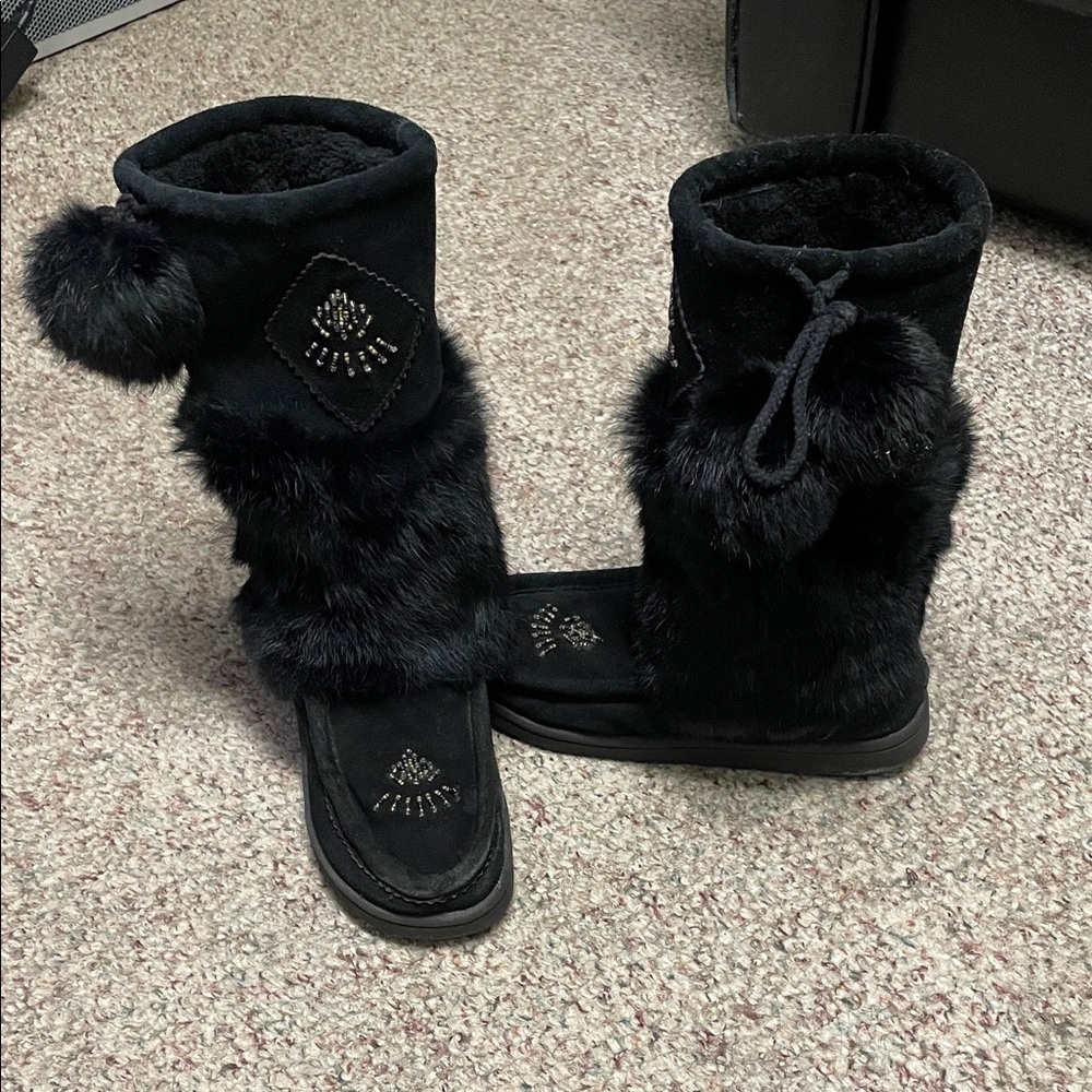 Black suede with real Fur-Trimmed Women's mukluk Boots with waterproof sole